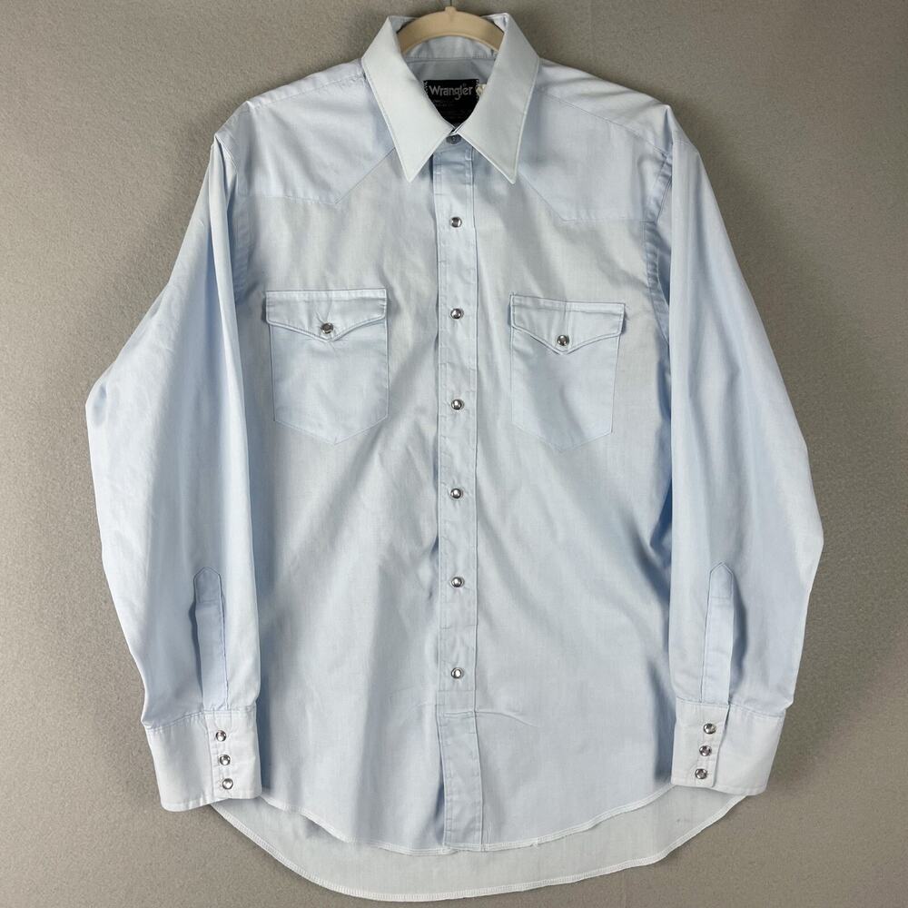 VTG Wrangler Shirt Mens 16 34 Blue Pearl Snap Cowboy Cut X-Long Tail Western USA